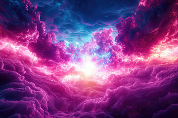 Poster - Vibrant pink and blue cloudscape, luminous glow emanating from the center, creating a surreal and dreamy atmosphere.