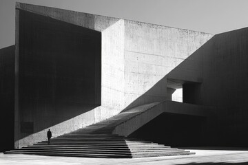 Poster - A black and white image of someone walking up a staircase