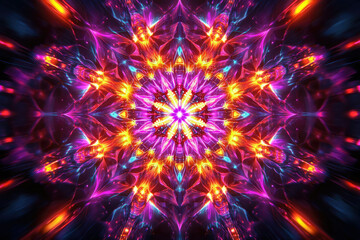 Poster - Vibrant fractal mandala with fiery orange, pink, and blue hues radiating outwards, creating a mesmerizing symmetrical pattern.