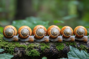 Poster - Snails gather on a log covered in lush green moss, perfect for nature, conservation or environmental illustrations