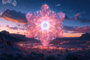 Poster - A luminous, fractal flower blossoms over a desert landscape at sunset, stars twinkling in the night sky.