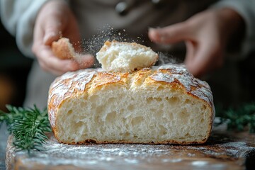 Poster - A person sprinkles sugar on a freshly baked bread loaf