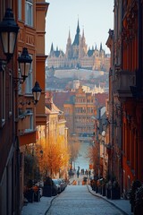 Poster - Urban landscape with a medieval castle in the distance