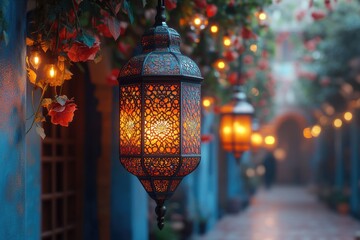 Poster - A lantern hangs from the side of a building, providing light at night