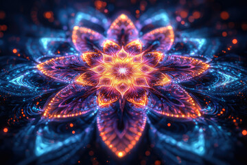 Aufkleber - A vibrant, glowing fractal flower with intricate details and a mesmerizing, symmetrical design.
