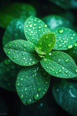 Poster - A close-up shot of a green leaf with water droplets glistening on its surface