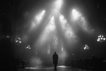 Poster - A person standing inside a church with warm natural light pouring through the windows