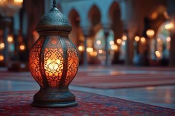Poster - A lit lantern sits atop a red carpet, suitable for use in events or decoration