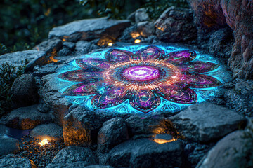Poster - Glowing mandala etched onto a stone, surrounded by rocks and soft lights, creating a mystical and serene atmosphere.