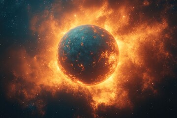 Poster - A vibrant orange and blue planet surrounded by stars in space