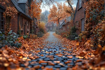 Poster - Urban street scene with cobblestones and city surroundings