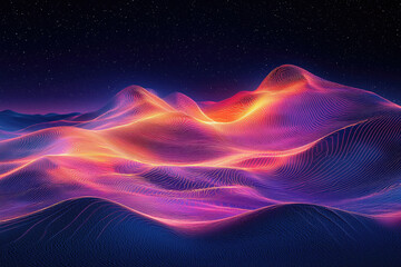 Poster - Abstract landscape with vibrant, glowing lines forming hills under a starry night sky.