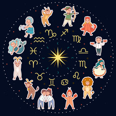 funny children zodiac circle. cute kids in astrological signs costumes, baby round horoscope, aries,