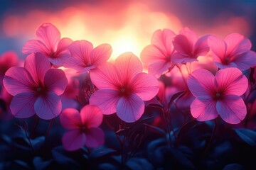 Poster - A picturesque scene of a pink flower field with the sun shining behind, perfect for use in travel, lifestyle or nature-themed projects