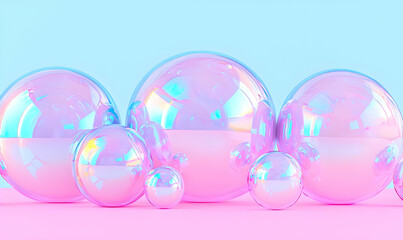 Poster - Colorful Iridescent Bubbles on Pastel Pink and Blue Background