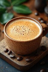 Aufkleber - A close-up shot of a cup of coffee sitting on a table, with a warm and inviting glow