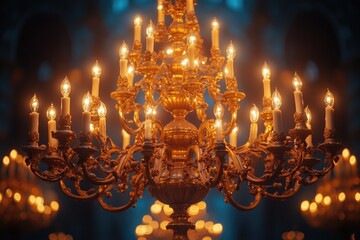 Aufkleber - A beautiful chandelier with many lit candles in a dark room, perfect for use as a mood setter or to add ambiance