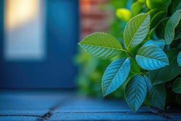 Poster - Close-up shot of a plant with a blue door in the background, ideal for interior design or gardening-related content