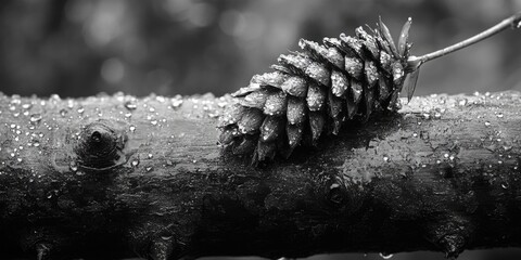 Poster - A pine cone sits atop a tree branch in a black and white image