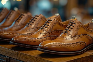 Aufkleber - Row of men's shoes displayed on a table, various styles and colors