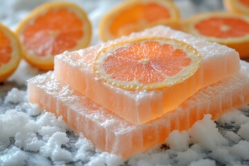 Poster - Fresh orange slices stacked on top of a mound of sugar, perfect for topping cakes or using in recipes