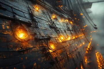 Aufkleber - A wooden ship with decorative lights along its sides, perfect for use in maritime-themed designs or as a symbol of adventure and exploration