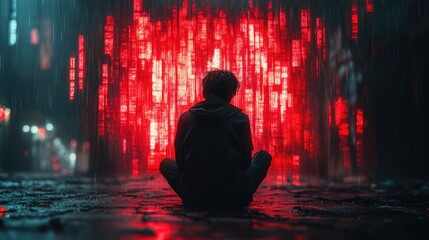 Poster - A person sits on the ground in the rain, providing a unique and intimate moment