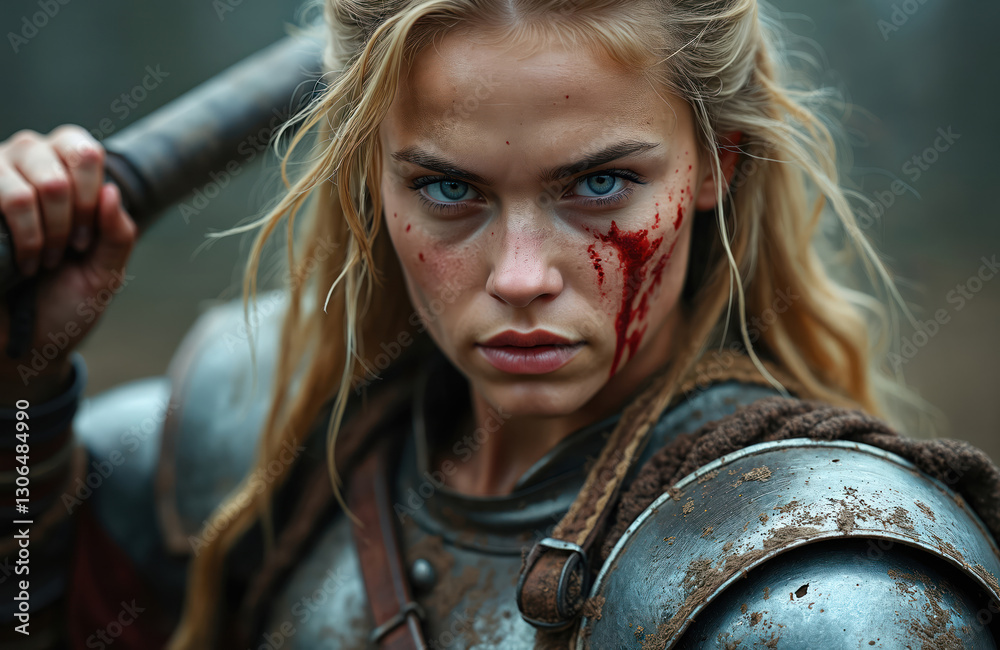 Fierce female viking warrior portrait. Blonde hair, metal and leather ...