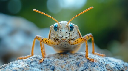 Poster - Close-up shot of a grasshopper sitting on a rock, with natural background