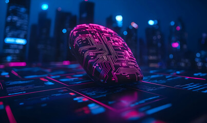 Poster - Futuristic Computer Mouse Surrounded by Digital Circuitry and Lights
