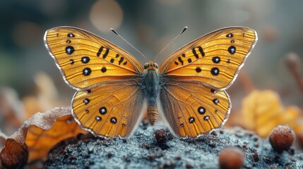 Aufkleber - A brown butterfly sits atop a pile of leaves, ready for takeoff