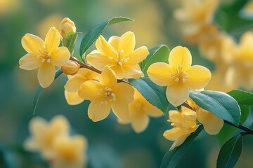 Poster - A close-up shot of a bunch of yellow flowers with green leaves
