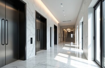 Aufkleber - Contemporary corridor in business center features white marble tiles. Modern office hall design boasts bright, clean space with elevator doors, stairs, windows. Nobody inside, empty space. Modern