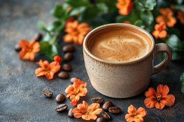 Poster - A cup of coffee and some flowers on a table