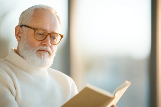 Elderly man reading Haggadah, reflecting deeply on Passover trad