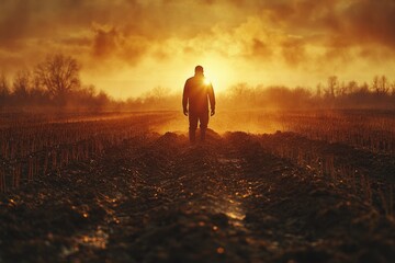Aufkleber - A man stands alone in a vast open field during the golden hour of sunset
