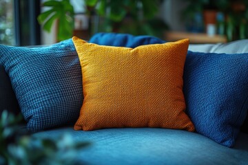 Poster - A close-up shot of a blue couch featuring a bright yellow pillow