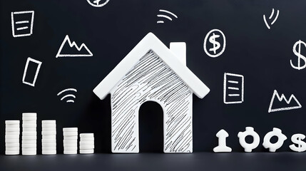 Poster - White Model House and Coins with Financial Symbols in Background