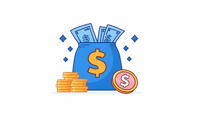 Poster - Blue Money Bag with Dollar Bills and Coins Illustrating Wealth Concept