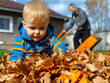 © INT888 - child playing in pile of leaves while adult rakes nearby, enjoying autumn