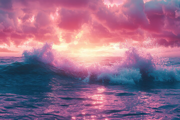 Poster - Ocean wave crashing during a vibrant pink and orange sunset.