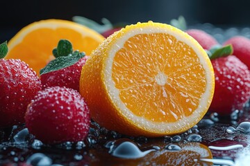 Poster - Freshly cut orange surrounded by various fruits on a plate
