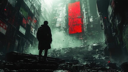 Poster - A person standing on a staircase in an urban setting