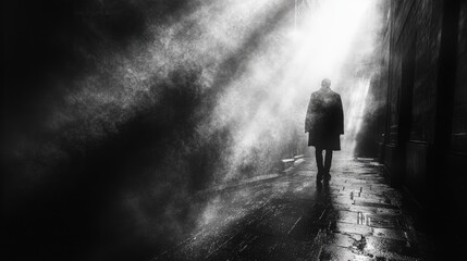 Poster - A person walking down a street in the rain