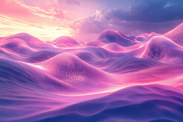 Aufkleber - Pink and purple digital landscape at sunset, glowing lines across rolling hills under a starry sky.