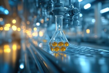 Poster - A clear glass flask filled with a yellow liquid, suitable for use in medical or scientific illustrations