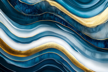 Poster - Dynamic flow of blue and gold waves abstract art modern design textured surface aesthetic view creative concept