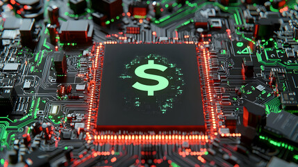 Poster - Green Dollar Sign on Circuit Board with Futuristic Technology Design