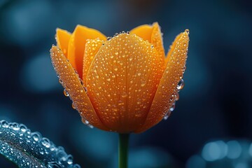 Poster - A close-up shot of a single orange flower with water droplets glistening on its petals