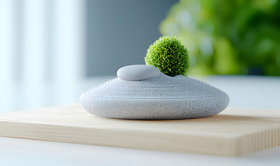 Poster - Minimalist Stone Sculpture with Green Plant Decoration on Wood